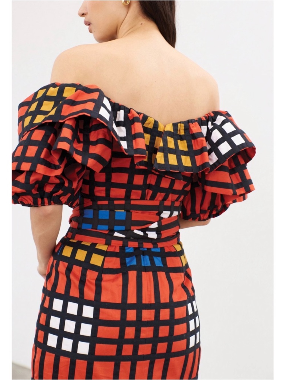 NWOT Mara Hoffman Midi Plaid Puff-Sleeve Arabella Off-The-Shoulder Dress - Picture 6 of 9